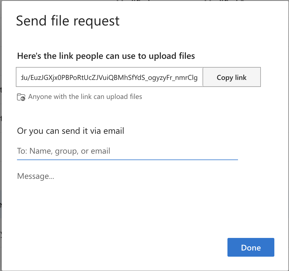 OneDrive will provide a shareable link for your file request.